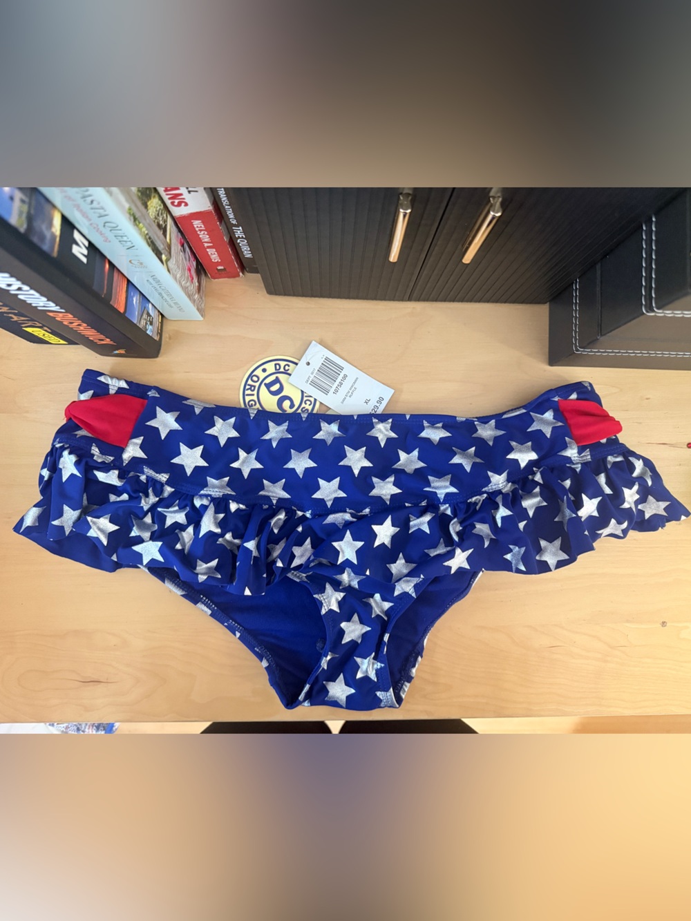 DC Comics Blue and White Star Print Ruffle Bikini Bottoms with Red Accents